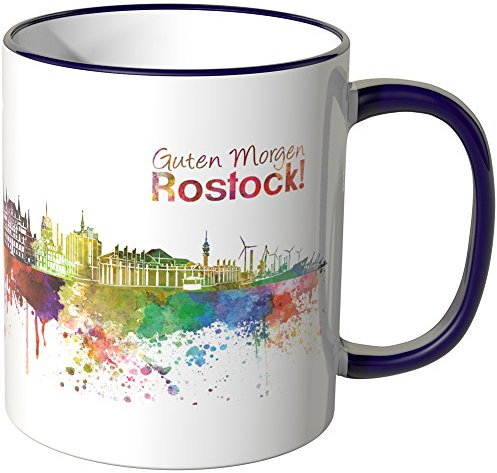 WANDKINGS® Tasse, Schriftzug Guten Morgen Rostock! mit Skyline - LILA