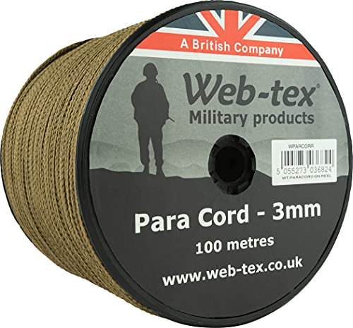 Web-tex Paracord Reel 100m x 3mm, Durable Polypropylene Parachute Cord, 70kg Breaking Strength, 330ft length – Ideal for Camping, Bushcraft, Hiking, DIY Crafts, Survival Kits, Hammocks - Coyote