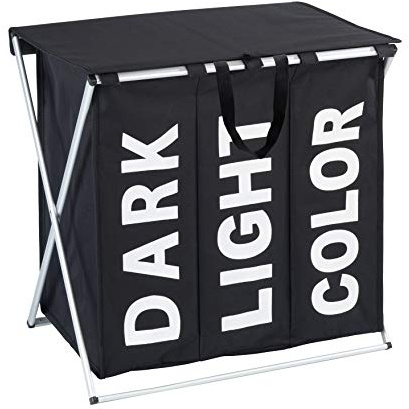 WENKO Wäschesammler Trio Top Schwarz, Stabiler Wäschekorb mit Deckel und Tragegriffen, viel Stauraum mit 118 l und DREI Fächern, (B x H x T): 57 x 57 x 38 cm, Aufschriften Dark, Light, Color
