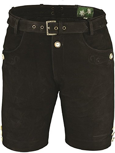 Lederhose mit Gürtel, echt Leder Nubuk Trachten Lederhose Herren kurz, Damen Trachtenlederhose Schwarz mit Gürtel (56, Schwarz)
