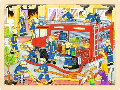 goki 57527 - Einlegepuzzle Feuerwehreinsatz aus Holz, Holzpuzzle mit Feuerwehrmännern, Lernspielzeug und Kinderpuzzle, fördert Fantasie und Motorik der Kinder, 40cm x 30cm, 48er Set, ab 3 Jahre