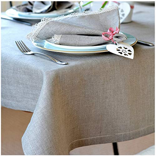 Linen & Cotton Elegante Festliche Tischdecke Stoff Tischtuch Tischwäsche Florence mit Hohlsaum, Lang -100% Leinen, Beige Natur (143 x 300 cm) für Deko Hochzeit Hotel Restaurant Cafe Gastronomie
