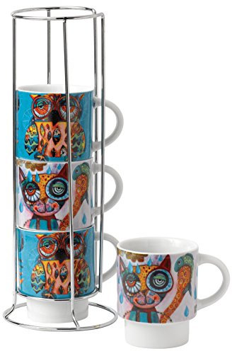Cat & Owl Chat et Chouette Hibou et Chat Tasses Empilables, Multicolore