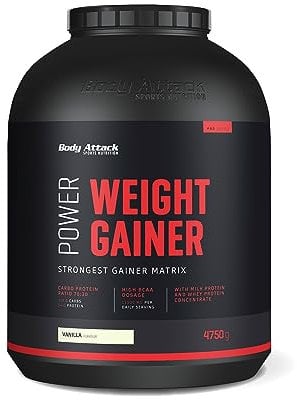 Body Attack Weight Gainer - Vanilla - 4,75 kg - Dein Mass Gainer für Masseaufbau & Muskelaufbau - Mit Whey Protein, BCAA und Kohlenhydraten - Dein fettarmer Masse Shake für hochwertige Kalorien