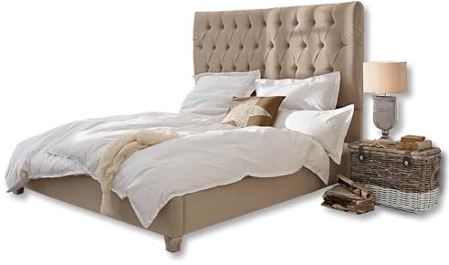 Loberon Bett Benton, im Chesterfield-Stil, gepolstertes Kopfteil mit Polsternägeln, Elegantes Design, Schlafzimmermöbel, Doppelbett, Furnierschichtholz, Polyester, leinen