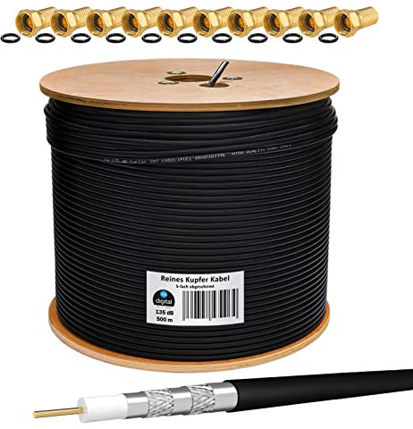 HB-DIGITAL 135dB 500m Koaxial SAT Kabel Reines KU Kupfer Koax Kabel Antennenkabel 5-fach geschirmt Schwarz für DVB-S/S2 DVB-C und DVB-T BK Anlagen + 100 vergoldete F-Stecker mit Gummiring Gratis