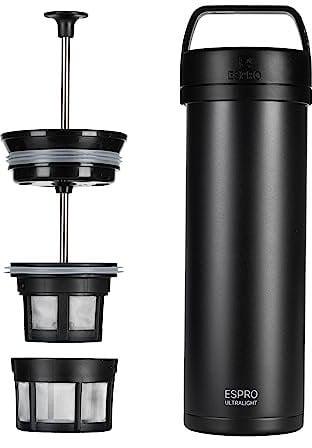 Espro P0 Ultralight - Cafetière française pour portions individuelles et gourde légère pour les voyages, le camping et l'utilisation quotidienne - En acier inoxydable - Isolation sous vide - 16 oz
