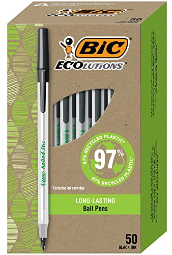 BIC Ecolutions Round Stic Ballpoint Pens, Medium Point (1.0mm), 50-Count Pack, Black Ink Pens Made from 97% Recycled Plastic