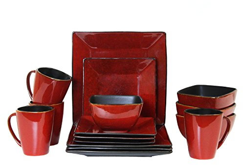 Elama Geschirr-Set, Steingut, quadratisch, 16-teilig, Rot