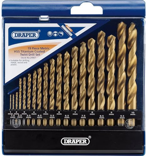 Draper 24907 HSS Titanium Coated Metric Drill Bit Set, 1mm-10mm, Blue, 19 Pcs