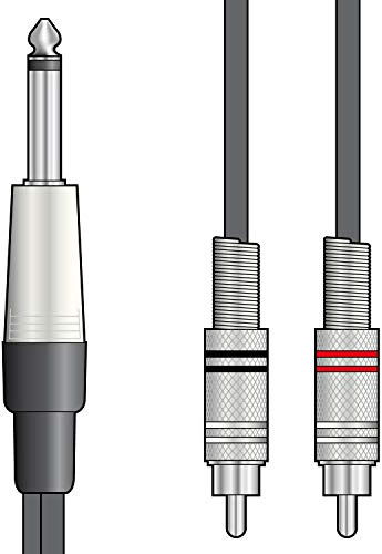 Citronic Classic Audio Leads 6.3mm Mono Jack Plug to 2 x RCA Plugs Pure Copper Conductors & Cotton-Reinforcement 1.5 Metre Black