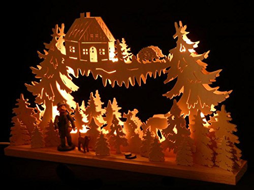 Rudolphs Schatzkiste Schwibbogen mit Jäger Hund und Beleuchtung BxHxT 50x31x7cm NEU Lichterbogen Fensterbogen Spitzbogen Erzgebirge Seiffen Weihnachten Licht Holz Dekoration Beleuchtung