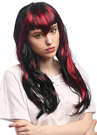 WIG ME UP - 90771-ZA103-ZA13 Perücke Damen Karneval Halloween Pony Schwarz Rot Strähnen böse Fee Hexe Goth Vampirin Dämonin Zauberin