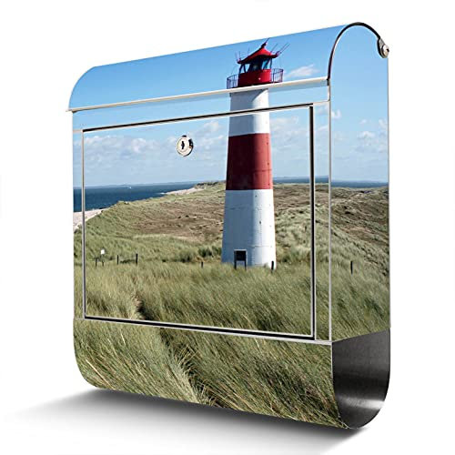 banjado® Briefkasten Edelstahl mit Motiv Leuchtturm 38x43x12cm & 2 Schlüssel - rostfreier Edelstahl Briefkasten mit Zeitungsfach - Postkasten A4 Einwurf inkl. Montagematerial