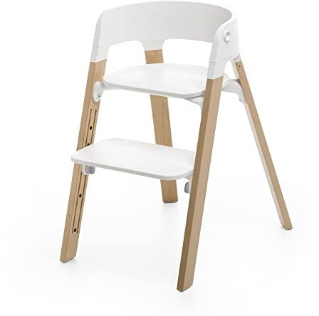 Stokke Steps Chair, Natural Legs & White Seat - 5-in-1 Seat System - Transform Into Newborn + Toddler High Chair - Use Through Childhood or Up to 85kg/187 lbs. - Tool-Free, Stylish & Adjustable