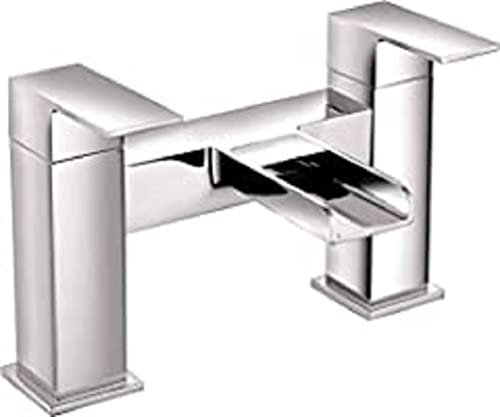 Veebath Double Square Waterfall Bath Filler Mixer Tap, Deck Mounted with Hot and Cold Indicators, Square Bathroom Taps Pair, Chrome G3/4, Modern Square Design