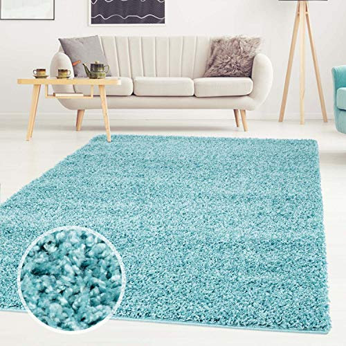 carpet city City ayshaggy Shaggy Teppich Hochflor Langflor Einfarbig Uni Türkis Weich Flauschig Wohnzimmer, Größe: 200 x 200 cm Quadratisch, 200 cm x 200 cm, csha-500-turkis-200x200