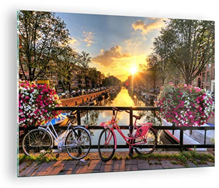 ARTTOR Bilder auf Glas 70x50cm Wandbild Glasdruck Blumen Städte - 3081 | Fahrräder Kanal Amsterdam Klein Modern Dekoration Wohnzimmer Schlafzimmer Küche Wanddeko Kunstdruck Art Wall Decor ARTTOR