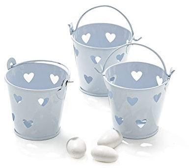 20x SECCHIELLI BIANCHI CON CUORI IN LATTA VERNICIATA PORTACONFETTI BOMBONIERA MATRIMONIO CRESIMA BATTESIMO COMUNIONE