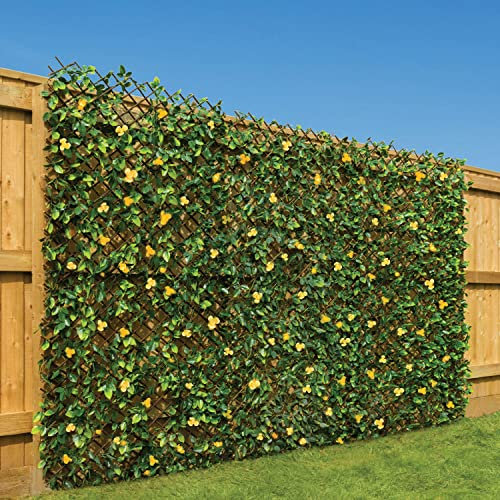 CHRISTOW Expanding Artificial Trellis Fake Leaf Yellow Flower Hedge Garden Privacy Screening (1m x 2m)