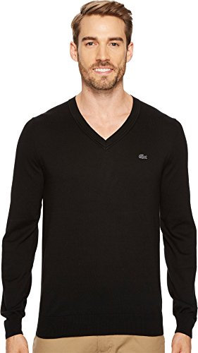 Lacoste Herren Ah7894 V-Ausschnitt, Baumwolljersey, mit Piqué-Stichdetails Pullover, Schwarz, L