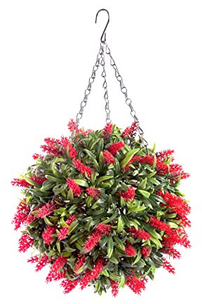 Best Artificial Lush Red Long Leaf Lavender Hanging Flower Ball Topiary Grass **UV Fade Protected** (28cm)