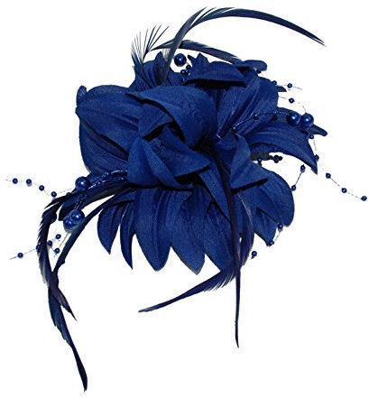 Bibi à barrette et broche, avec fleurs, perles et plumes, couleur bleu marine