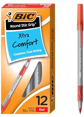 Bic Round Stic Grip Xtra Comfort Kugelschreiber, mittlere Spitze (1,2 mm), Rot, 12 Stück