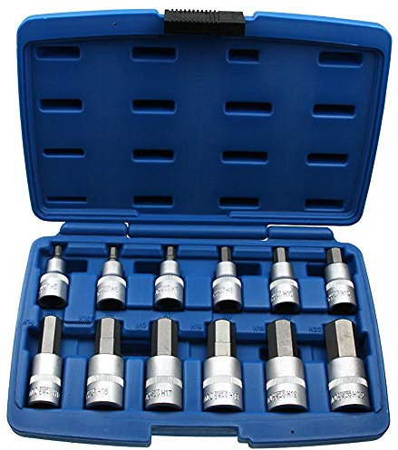 12 x Kraft Innensechskant Einsatz/Steck-Nuss Schlüssel für Innen-6-kant Schrauben Steckschlüsseleinsatz Schraubenschlüssel-Einsatz Größe 5-22 mm 1/2-Antrieb Chrom-Vanadium-Stahl