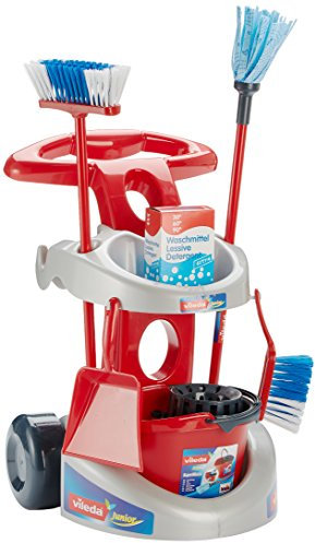 Theo Klein 6721 Vileda Chariot de ménage I Equipé de solides accessoires comme balai à franges, seau, balai classique et beaucoup plus encore ... I Dimensions : 36 cm x 46 cm x 53 cm I Jouet pour enfants à partir de trois ans