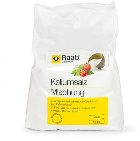 Raab® Kaliumsalz-Mischung - schmeckt wie Salz - enthält weniger Natrium - Mineralsalzmischung mit Natrium- & Kaliumchlorid - Kalium trägt zur Aufrechterhaltung eines normalen Blutdrucks bei (1000g)
