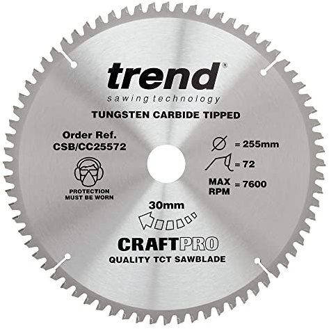 Trend Wood Mitre Saw Blade, 255mm Diameter, 30mm Bore, 72 Teeth, 2.4mm Kerf, -5° Hook, TCT, Extra-Fine Finish, CSB/CC25572