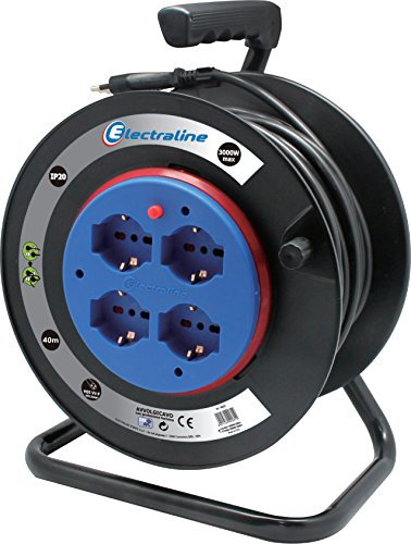 Electraline 49032 Alargador eléctrico con enrollacables de Tambor Fijo m 4 Tomas polivalentes (Schuko + 10/16 A) Enchufe Grande 16 A, con protección-sección del Cable 3G1,5 mm² Negro, 40 MT