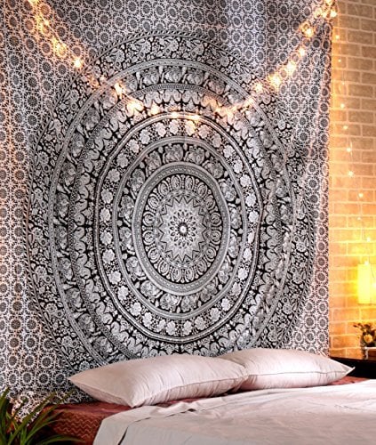 RAJRANG Mandala Wandteppich Elefant Boho Tapestry, Schwarz Weiß Baumwolle, 228.6x213.4 cm