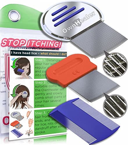 OWNHEALER Nit Comb Kit – Fast & Effective Lice, Nits & Dandruff Removal for All Hair Types. Durable Smooth & Grooved Metal, Dual-Sided Plastic Fine-Tooth Combs for Quick Nit Treatment.