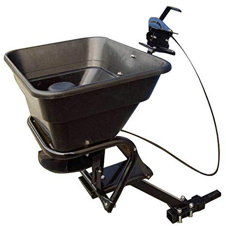 Field Tuff 12V 80 Pound Capacity Grass Seed Fertilizer Spreader with Hitch Mount Receiver and Rain Protector for ATV, UTV, or Utility Tractor