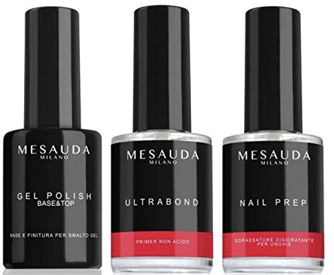 MESAUDA Originale Kit Gel Polish Semipermanente Unghie 4pz - Base & Top, Nail Prep, Ultrabond Primer Sgrassatore 14ml + Omaggio Semipermanente 10ml