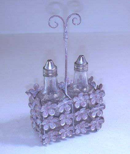 Vintage Chic Condiment Salt & Pepper Cruet Shakers Set in Floral Distressed Wire Rack Holder