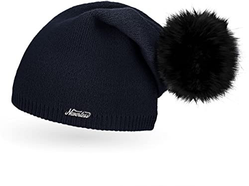 Neverless® außergewöhnliche Damen Strickmütze mit Fell-Bommel, Strick-Beanie Navy Unisize