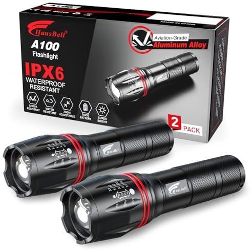 HAUSBELL Lot de 2 lampes de poche LED 2000 lumens super lumineuses avec 5 modes, mise au point zoomable, alimentée par piles, lampe torche tactique résistante à l'eau pour camping, randonnée et