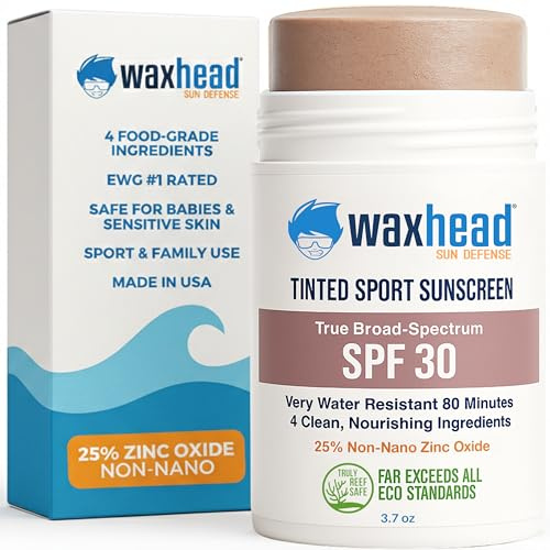 Tinted Zinc Oxide Sport Sunscreen Stick SPF 30, 3.7oz by Waxhead - 25% Non-Nano Zinc Oxide, 4 Food-Grade Ingredients, Sweat & Water Performance, Reef-Safe Mineral Face Stick for Kids & Sensitive Skin