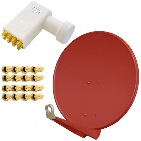 PremiumX DELUXE80 Aluminium 80cm Digital SAT Schüssel Spiegel in Ziegelrot für HDTV HD+ 3D + LNB Octo 0,1 dB PremiumX WE PXO-08 zum Direktanschluss von 8 Teilnehmern + 16x F-Stecker