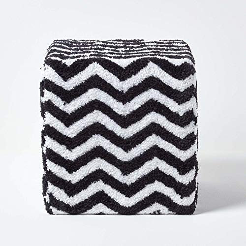 HOMESCAPES Tufted Cotton Pouffe, Stylish Cube Foot Stool, Black & White Chevron Pattern, Pouffes For Living Room, Bedroom Home Decor, 36 x 36 x 38 cm