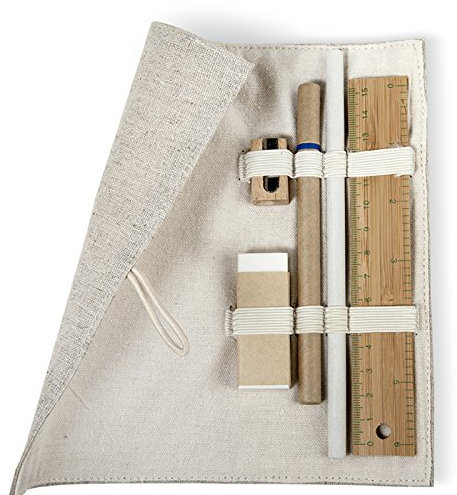 Nachhaltiges Mäppchen Schlampermäppchen Federtasche aus Jute und Baumwolle Holzknopfverschluss 15 cm Bambuslineal Bleistift Kugelschreiber Holzspitzer Radiergummi von notrash2003®