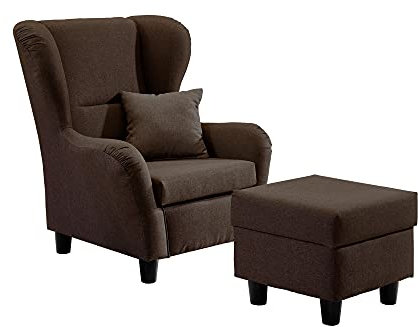 lifestyle4living - Moderner Ohrensessel mit Hocker – Große Auswahl an Stoffen und Farben - Gemütlicher Designer-Sessel im eleganten Landhaus-Stil, Braun