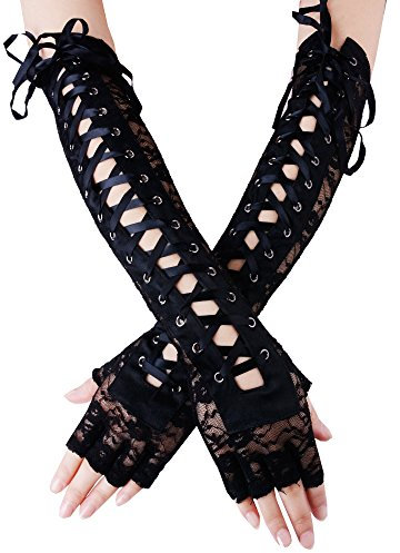 JISEN Women Nylon Elbow Lace-up Fashion Costume Gloves Black 14 inch