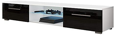 Selsey SYVIS – TV-Lowboard Korpus in Weiß Matt Fronten in Schwarz Hochglanz mit LED-Beleuchtung in Blau 140 cm