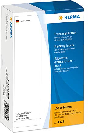 HERMA 4322 Frankieretiketten für Frankiermaschinen, 163 x 44 mm, 500 Stück, selbstklebend, matt, einzeln, Papier Frankier-Etiketten Klebeetiketten Aufkleber mit Abziehlasche, weiß