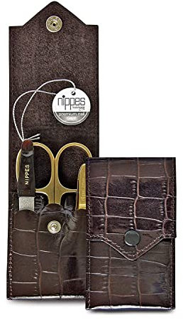 nippes Solingen Premium Line Maniküre Set Croco, 3-teilig, Vernickelt und vergoldet, Vergoldetes Nagelpflege Set, Rindsleder-Etui im Kroko-Design, Maniküre Pediküre, Made in Germany