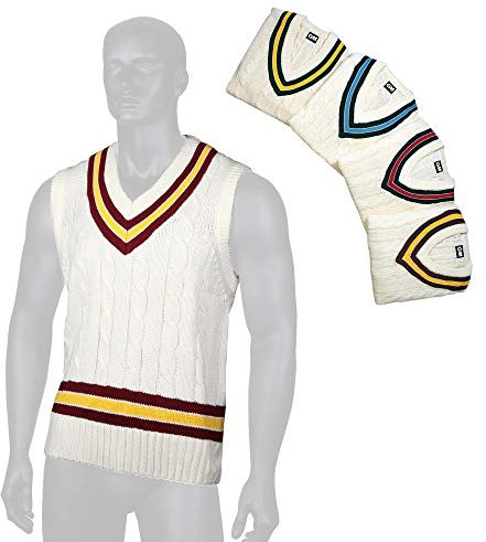 Gunn & Moore GM | Cricket Sweater Jumper Slipover | Classic Heavy Cable Knit | Sleeveless | Cream with Navy Blue & Red Trimmed Collar | Small Junior to fit chest 27